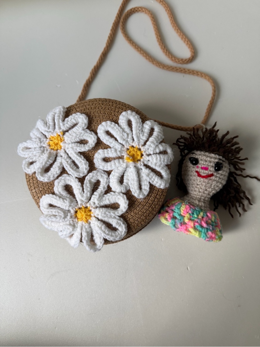 Handmade Kids Crochet Daisy Crossbody Bag - Brown & White